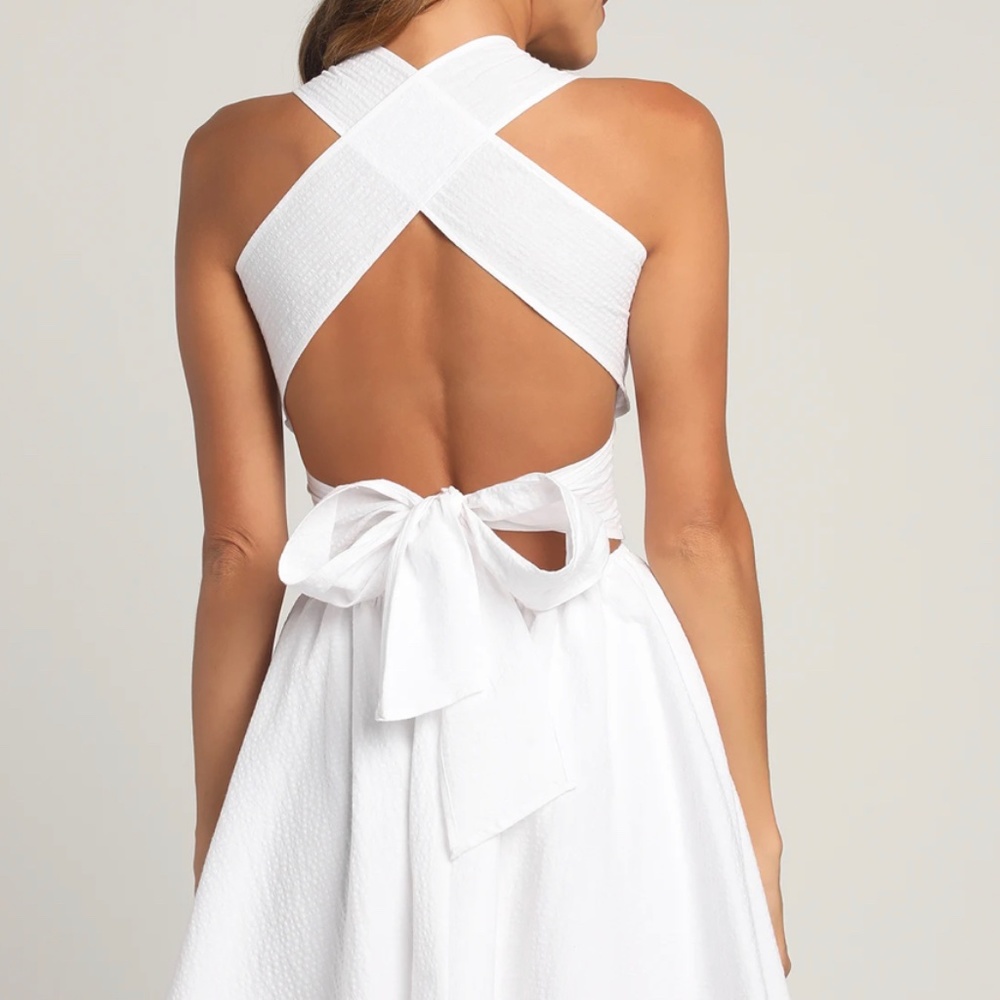 Lulus Best Girl White Smocked Cross-Back A-Line Mini Dress, Size S